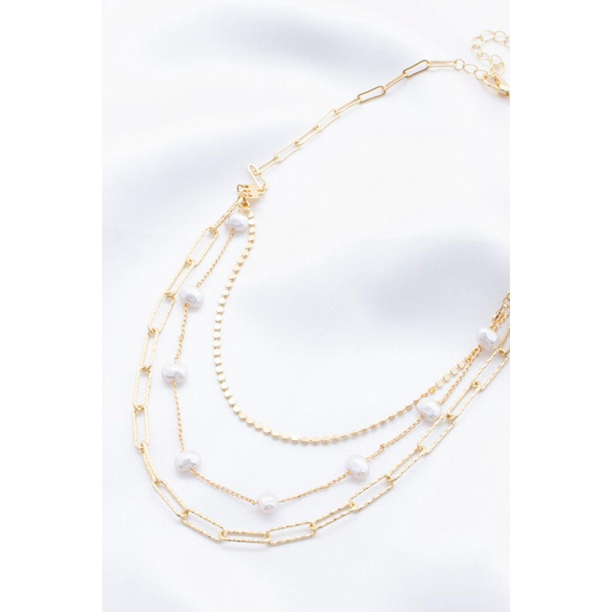 Pearl Beaded Oval Link Layered Necklace-NXTLVLNYC