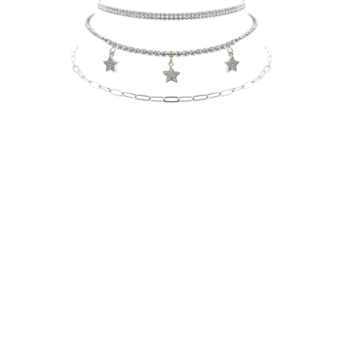 Rhinestone Star Charm 3 Layered Necklace-NXTLVLNYC