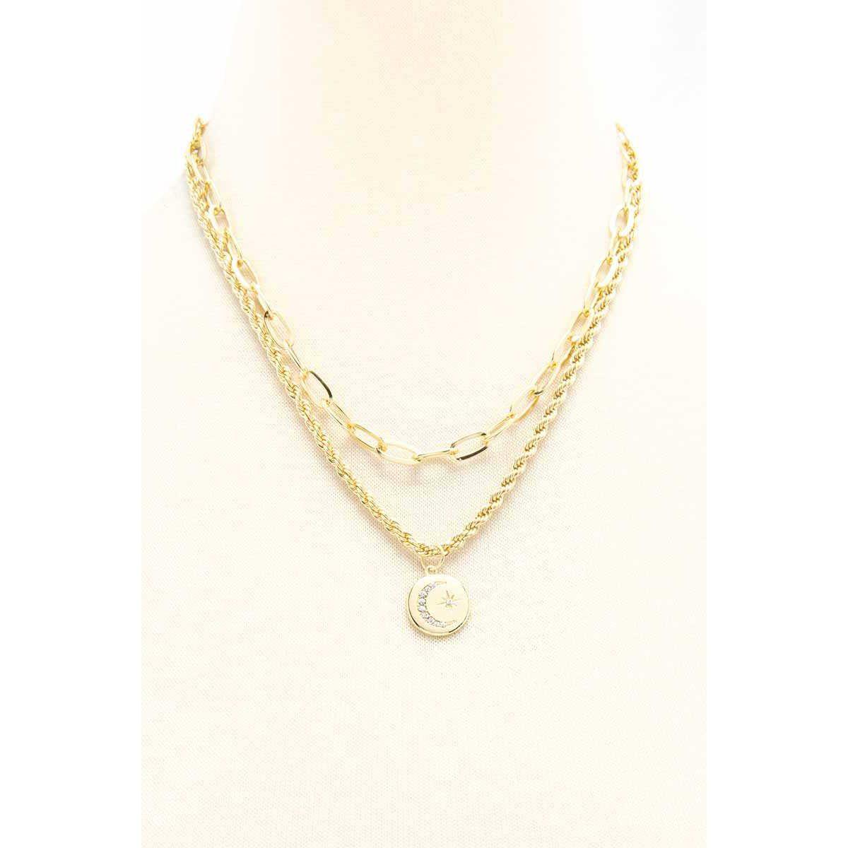 2 Layered Metal Chain Round Pendant Necklace-Necklace-NXTLVLNYC