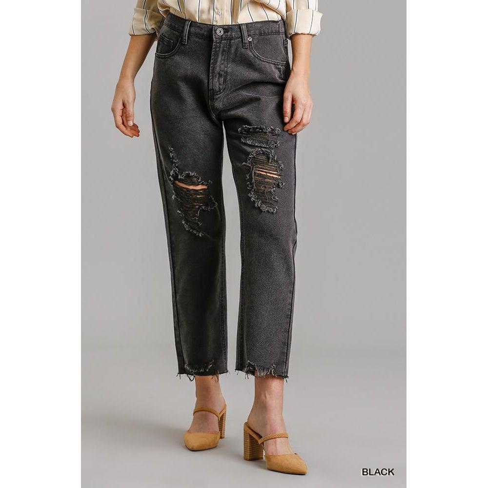 5 Pockets Non-stretch Straight Cut Distressed Denim Jeans With Raw Hem-Women - Apparel - Pants - Trousers-NXTLVLNYC