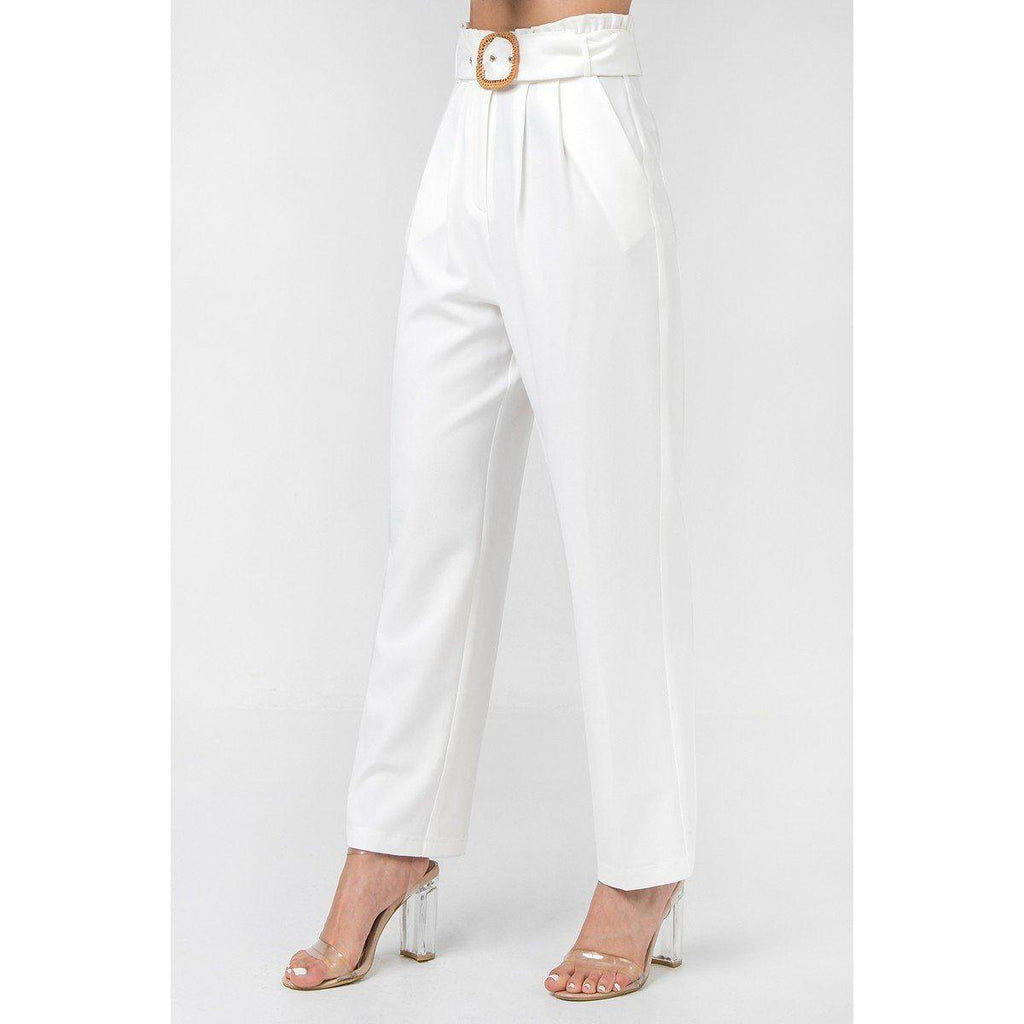 A Solid Pant Featuring Paperbag Waist With Rattan Buckle Belt-Women - Apparel - Pants - Trousers-NXTLVLNYC