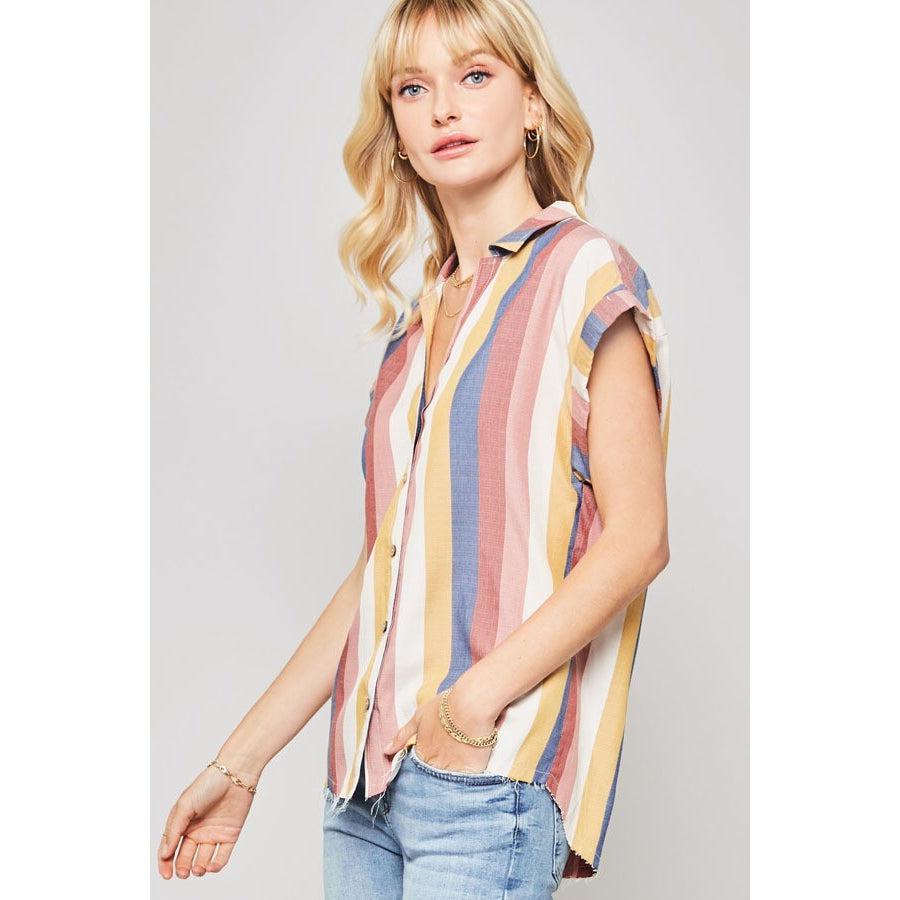 A Woven Shirt In Multicolor Striped With Collared Neckline-Shirts & Tops-NXTLVLNYC
