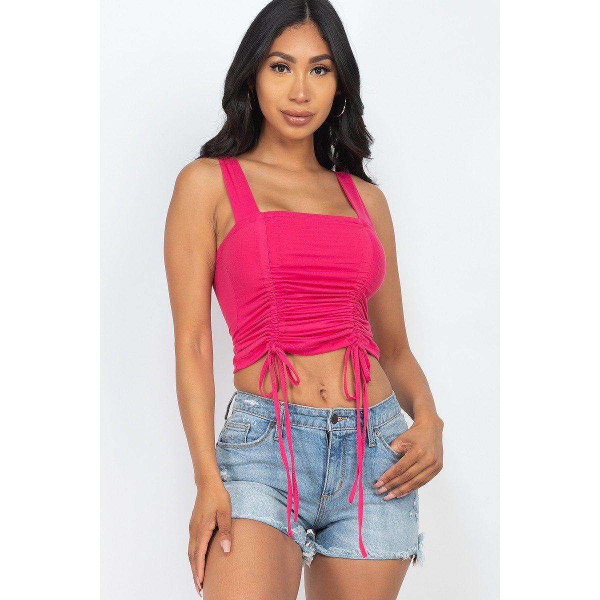 Adjustable Front Ruched With String Square Neck Crop Tops-Clothing Tops-NXTLVLNYC