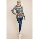 Army Camo Printed Cut Out Neckline Long Sleeves Casual Basic Top-NXTLVLNYC