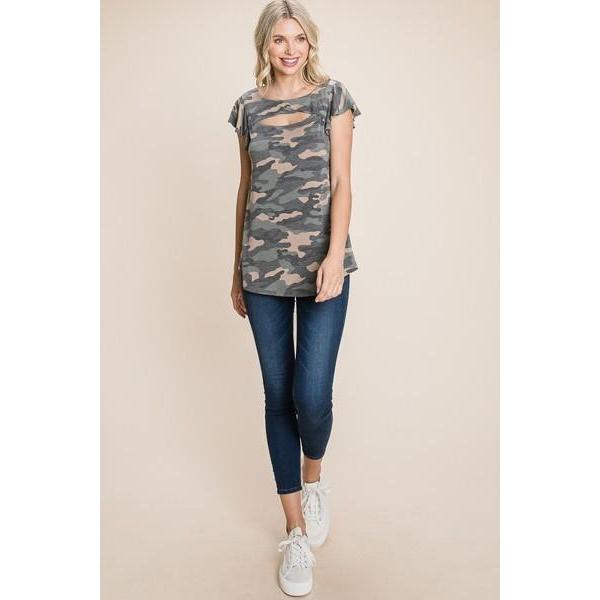 Army Camo Printed Cut Out Neckline Short Flutter Sleeves Casual Basic Top-NXTLVLNYC