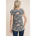 Army Camo Printed Cut Out Neckline Short Flutter Sleeves Casual Basic Top-NXTLVLNYC