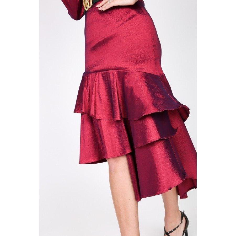 Asymmetrical Ruffle Bottom Satin Skirt-Clothing Dresses-NXTLVLNYC