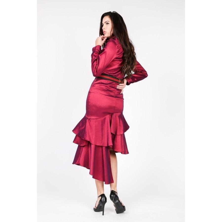 Asymmetrical Ruffle Bottom Satin Skirt-Clothing Dresses-NXTLVLNYC