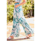 Back Elastic Waist Band Side Pockets Pleat Side Open Slit Tropical Print Pants-NXTLVLNYC