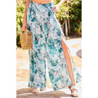 Back Elastic Waist Band Side Pockets Pleat Side Open Slit Tropical Print Pants-NXTLVLNYC