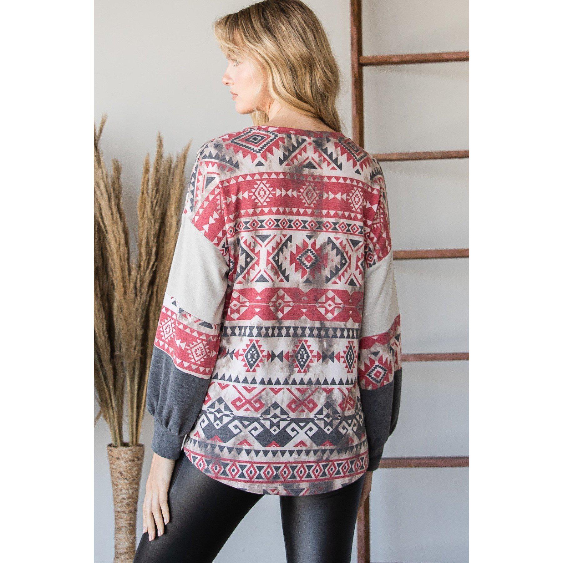 Beautiful Aztec Print Long Sleeve Sweater-Women - Apparel - Sweaters - Pull Over-NXTLVLNYC