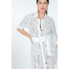 Belted Hi Low Placket Lace Shirt Dress-Women - Apparel - Dresses - Casual-NXTLVLNYC