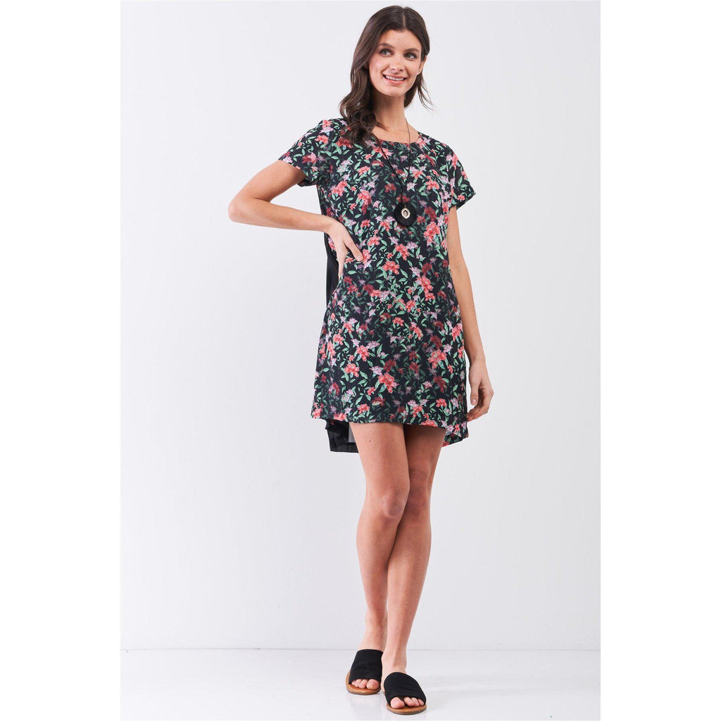 Black Multicolor Floral Print Pleated Back Detail Relaxed Mini Dress-Clothing Dresses-NXTLVLNYC
