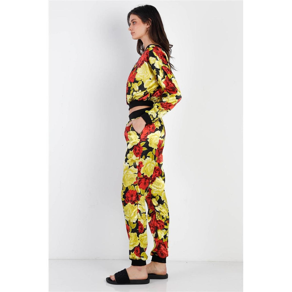 Black & Satin Effect Red & Lime Floral Print V-neck Top & Pants Set-NXTLVLNYC