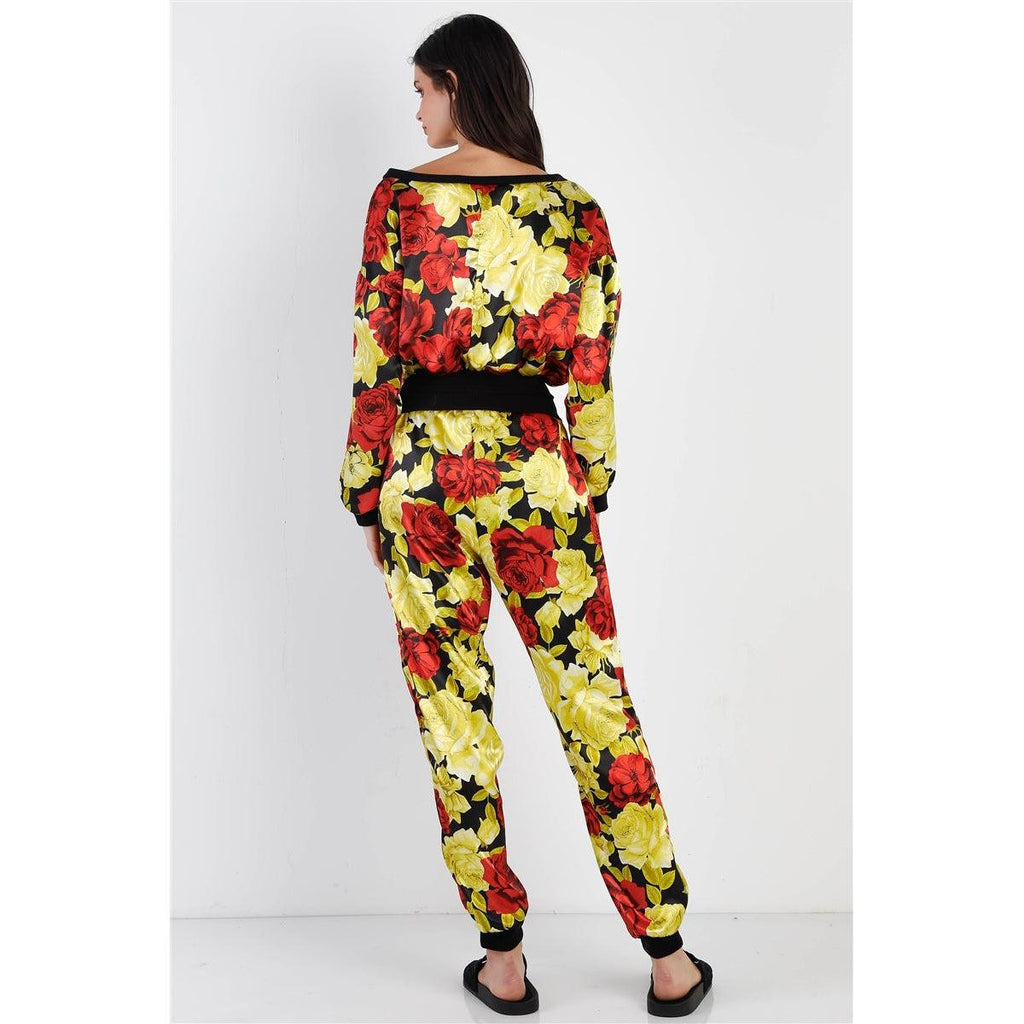 Black & Satin Effect Red & Lime Floral Print V-neck Top & Pants Set-NXTLVLNYC