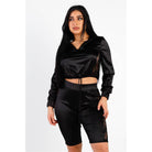 Black Satin Lace Details Long Sleeve Hooded Crop Top & Biker Short Set-NXTLVLNYC