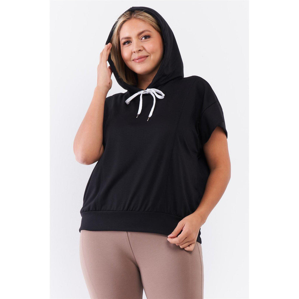 Black Short Wing Sleeve Relaxed Fit White Draw String Tie Hood Detail Top-Women - Apparel - Sweaters - Pull Over-NXTLVLNYC