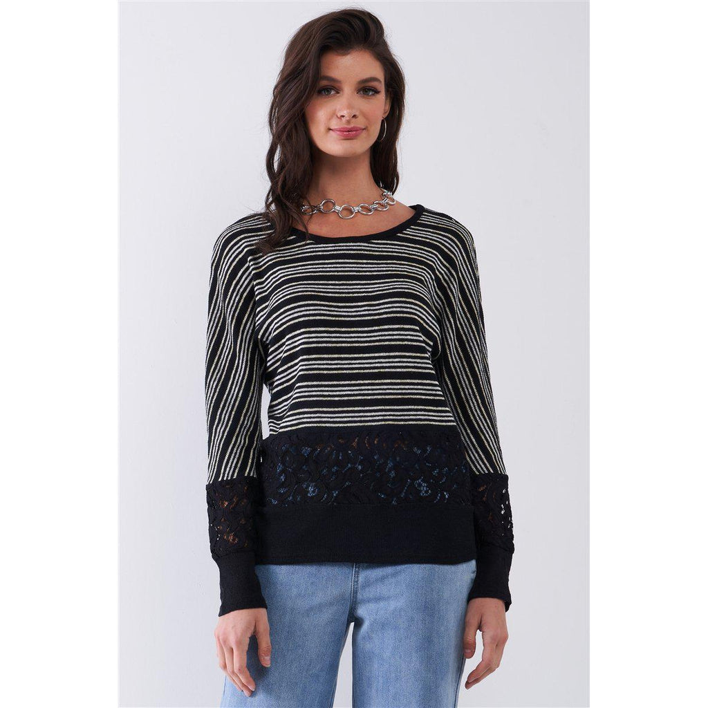 Black Striped Glitter Weave Crochet Trim Detail Long Sleeve Sweater Top-NXTLVLNYC