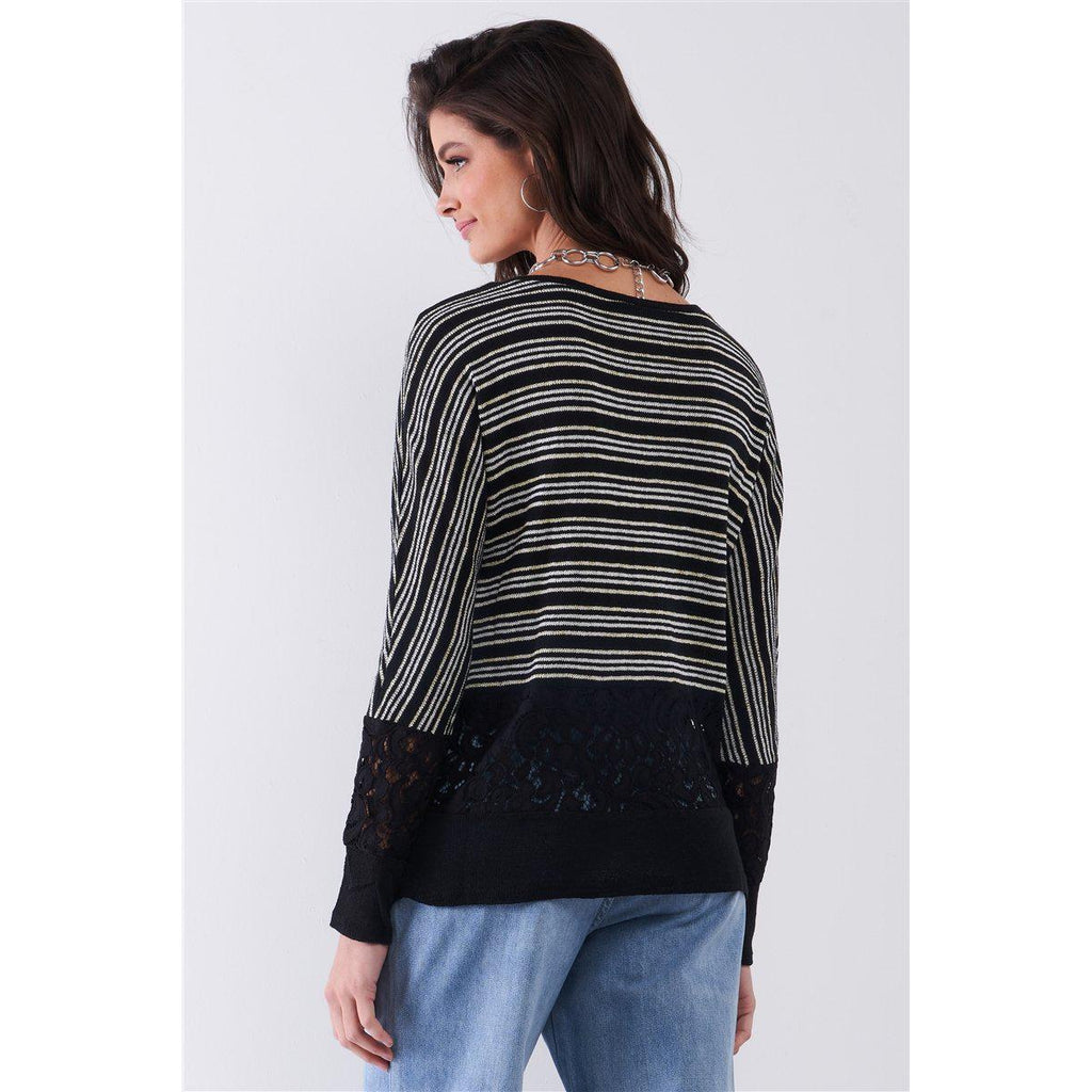 Black Striped Glitter Weave Crochet Trim Detail Long Sleeve Sweater Top-NXTLVLNYC