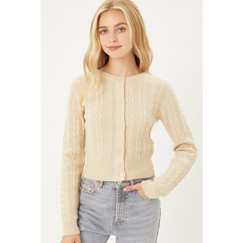 Buttoned Cable Knit Cardigan Long Sleeve Sweater-Clothing Tops-NXTLVLNYC