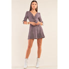 Charcoal Grey Suede Deep Plunge V-neck Gathered Detail Tight Fit Mini Dress-Dresses-NXTLVLNYC