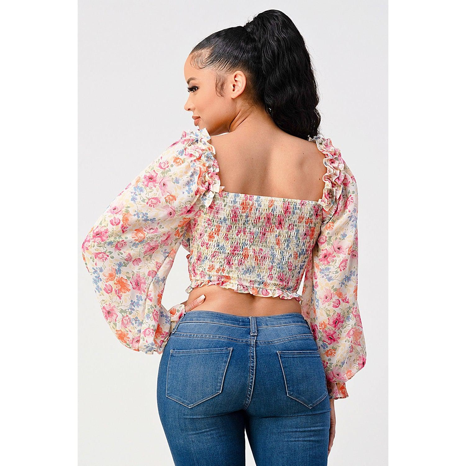 Chic Floral Sweetheart Smocked Body Blouse Top-NXTLVLNYC