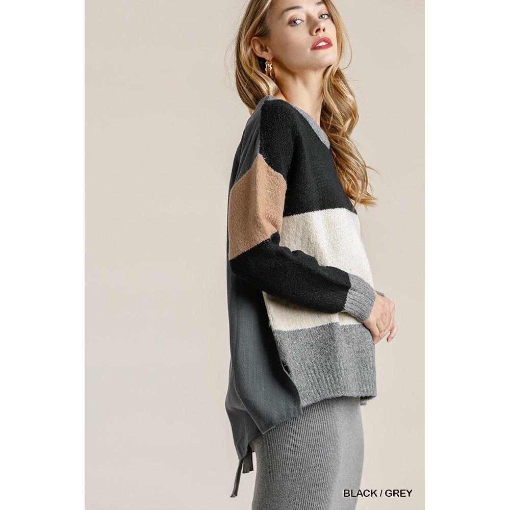Colorblock Contrasted Cotton Fabric On Back Top With Side Slits And High Low Hem-Clothing Sweaters-NXTLVLNYC