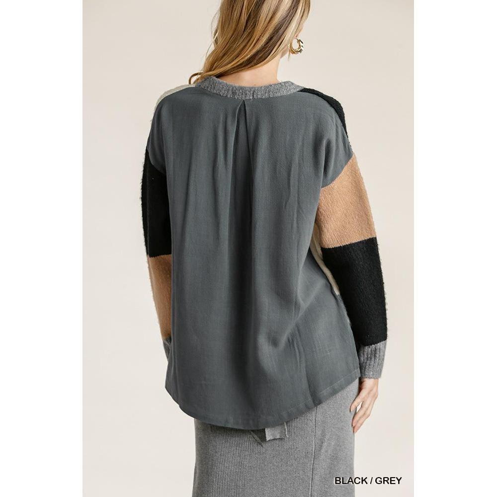 Colorblock Contrasted Cotton Fabric On Back Top With Side Slits And High Low Hem-Clothing Sweaters-NXTLVLNYC
