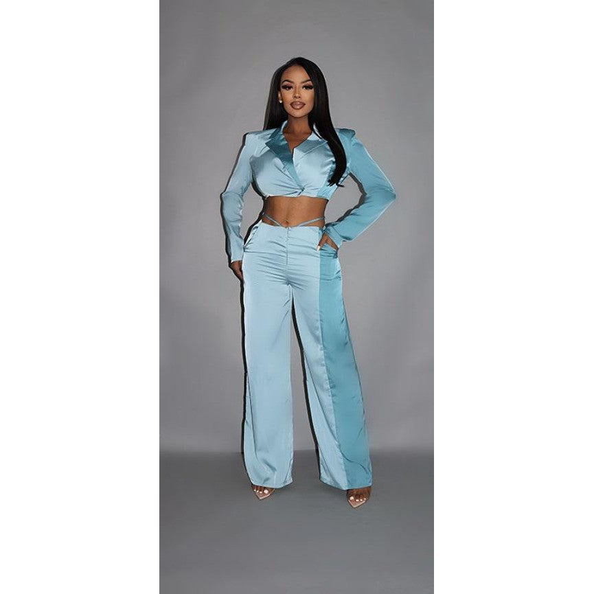 Colorblock Crop Blazer With Matching Low Rise Wide Leg Pant Set With Pockets-NXTLVLNYC