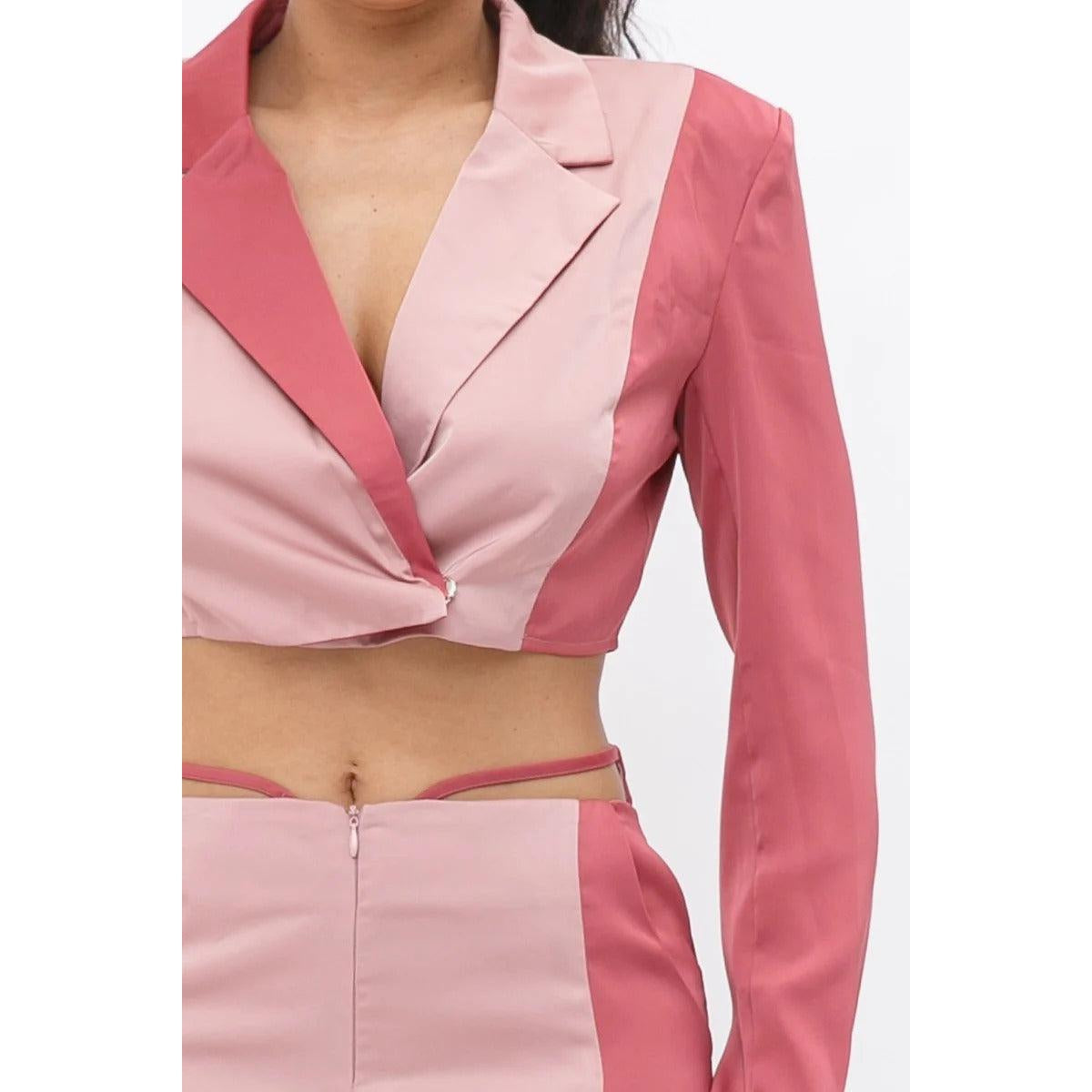 Colorblock Crop Blazer With Matching Low Rise Wide Leg Pant Set With Pockets-NXTLVLNYC
