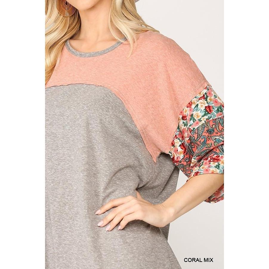 Colorblock Knit And Floral Print Mixed Top With Dolman Sleeve-NXTLVLNYC