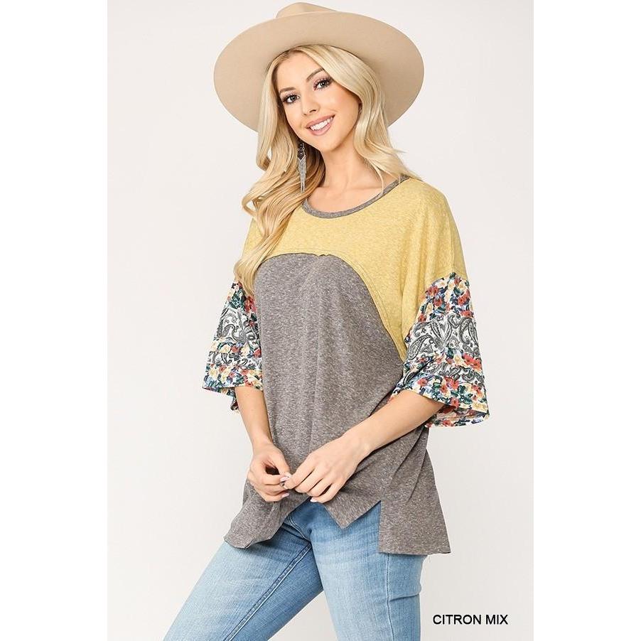 Colorblock Knit And Floral Print Mixed Top With Dolman Sleeve-NXTLVLNYC