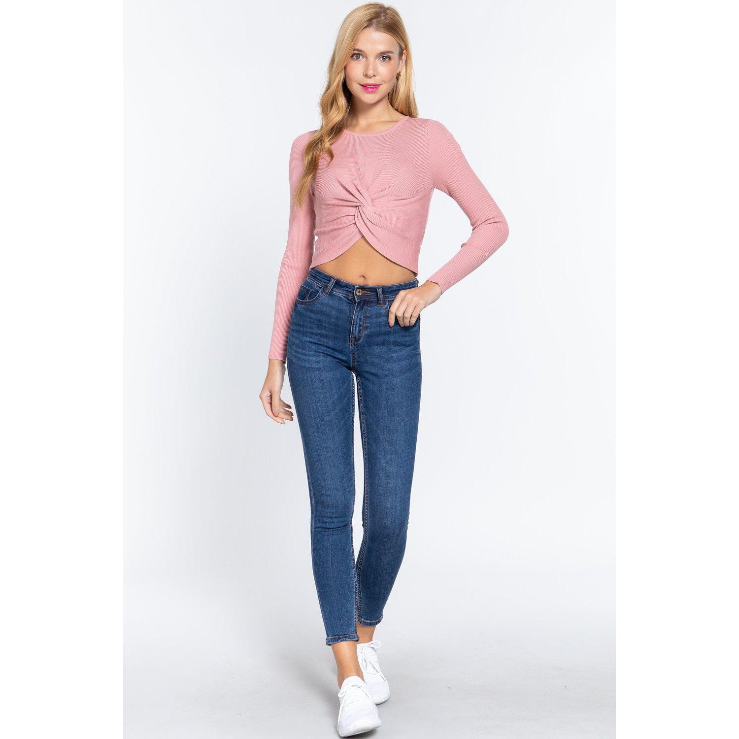 Crew Neck Knotted Crop Sweater-Clothing Tops-NXTLVLNYC
