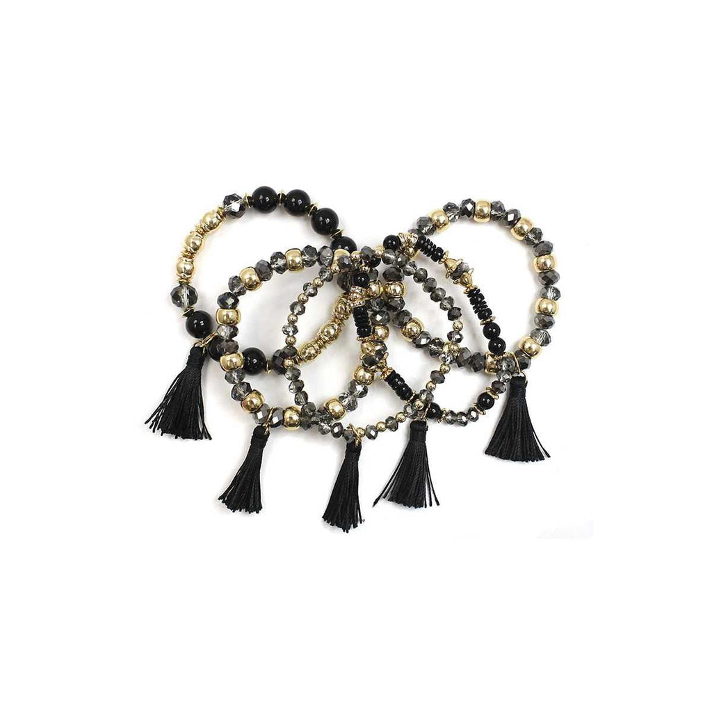 Crystal Stone Ball Bead Tassel Stretch Bracelet Set-Bracelets-NXTLVLNYC