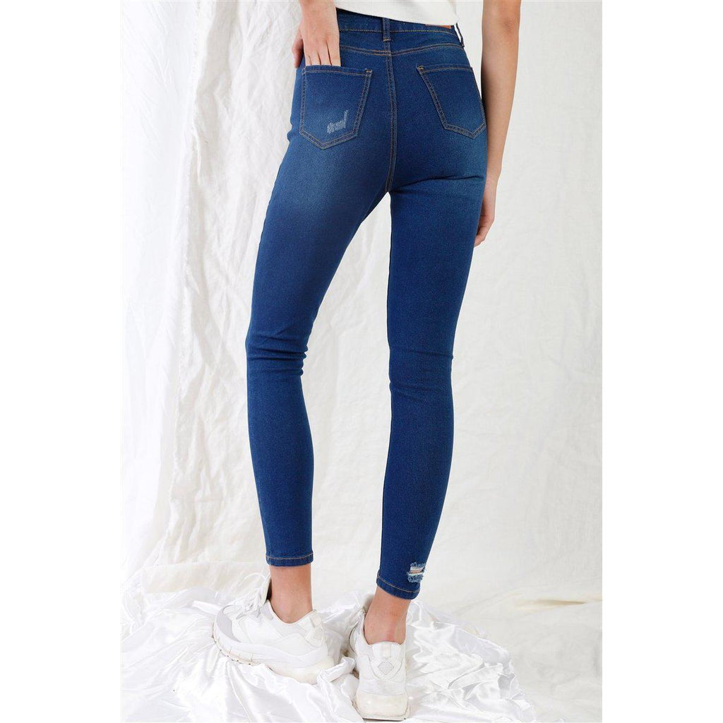 Dark Blue High-waisted With Rips Skinny Denim Jeans-Pants-NXTLVLNYC