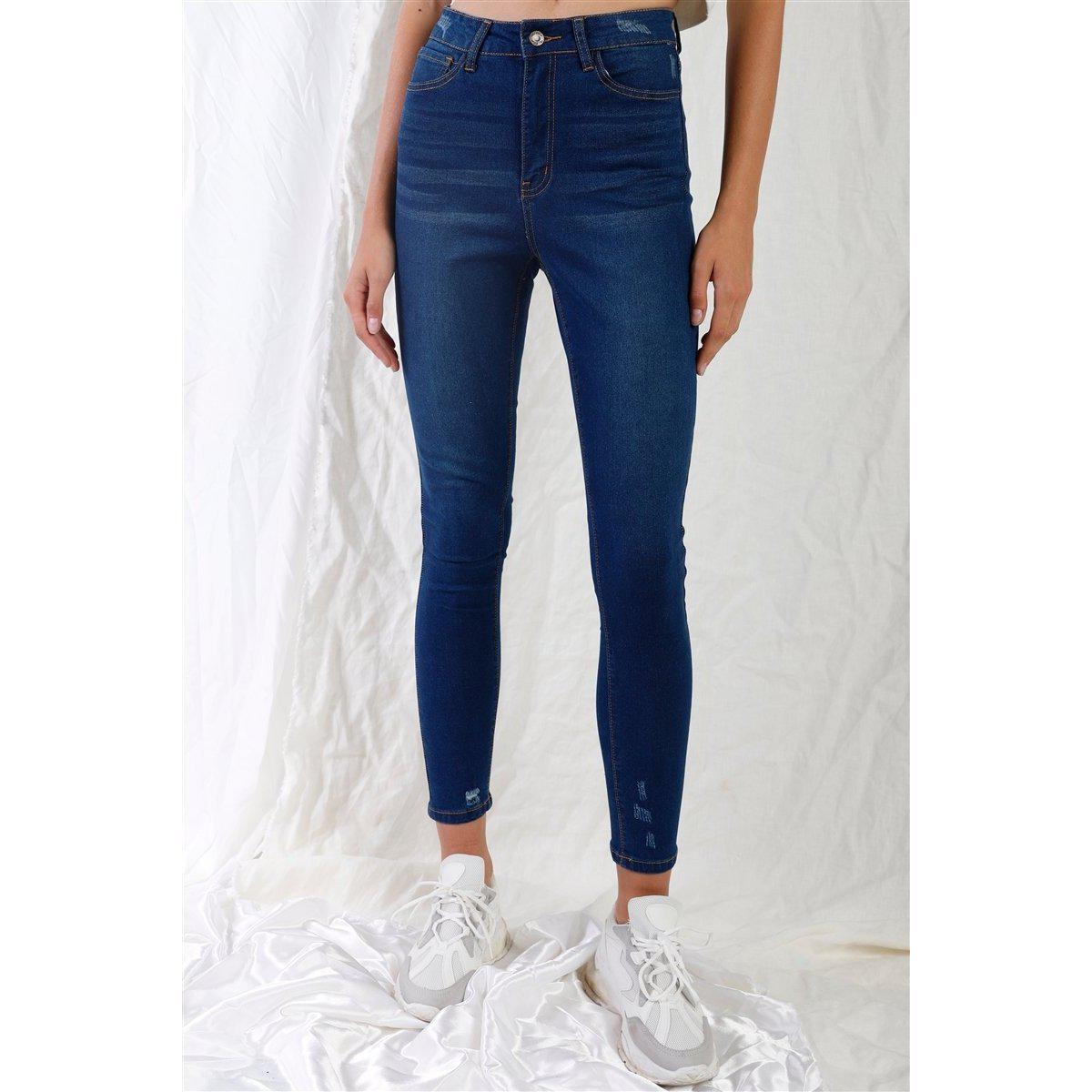 Dark Blue High-waisted With Rips Skinny Denim Jeans-Pants-NXTLVLNYC