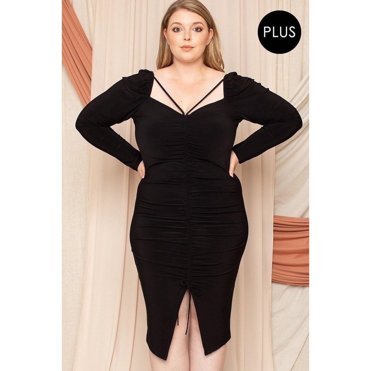 Deep Round Neck Shirring Detailed Back Plus Size Dress-Dresses-NXTLVLNYC