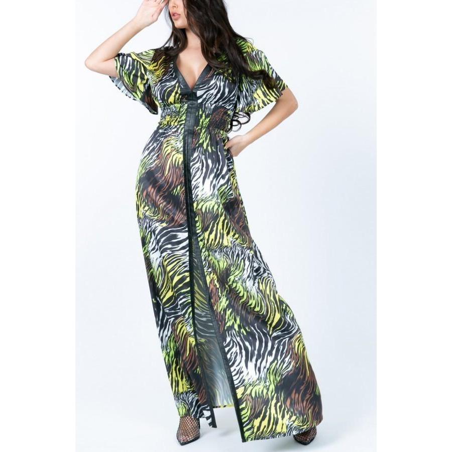 Deep V Neck Slit Zebra Print Long Dress-Dresses-NXTLVLNYC