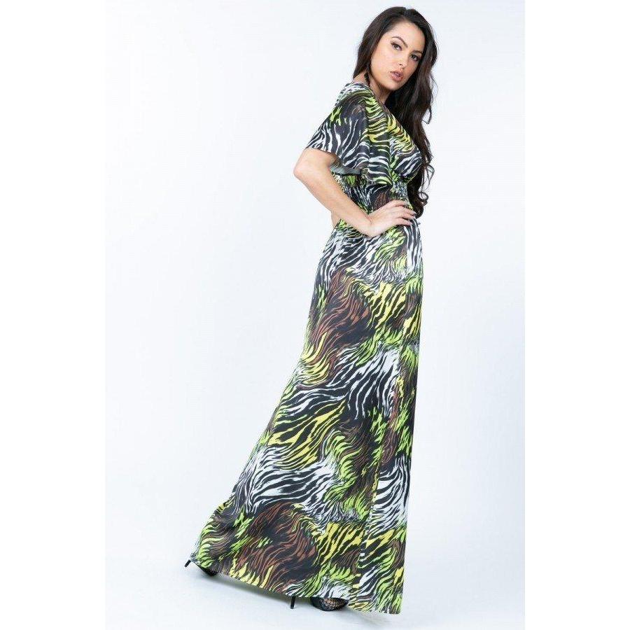 Deep V Neck Slit Zebra Print Long Dress-Dresses-NXTLVLNYC