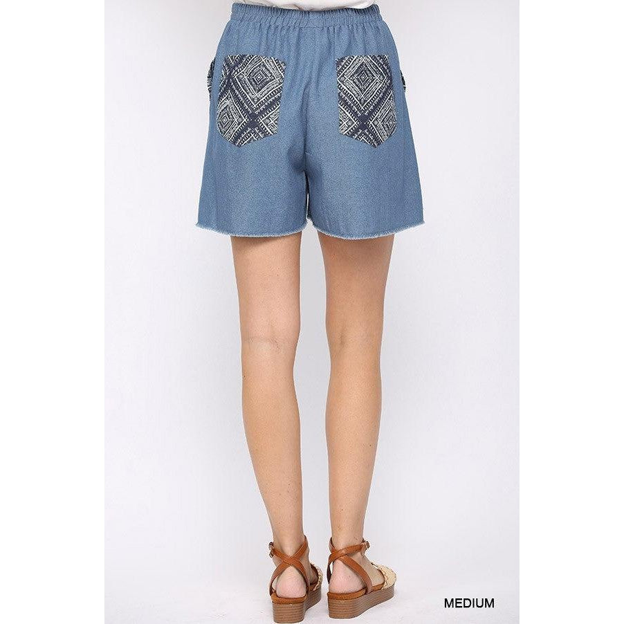 Denim And Print Pockets Elastic Waist Shorts With Raw Hem-NXTLVLNYC