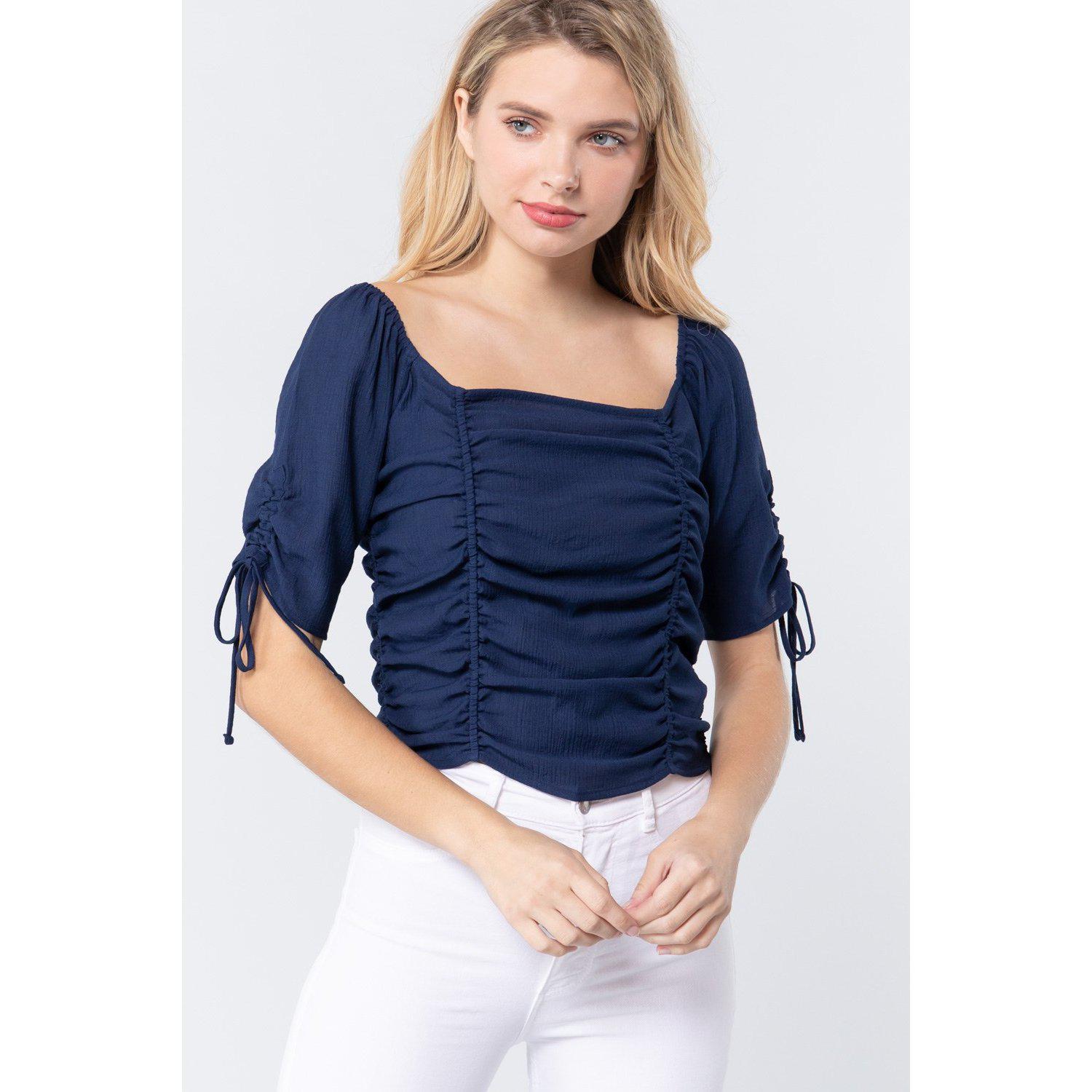 Elbow Slv Smocked Ruched Woven Top-Clothing Tops-NXTLVLNYC