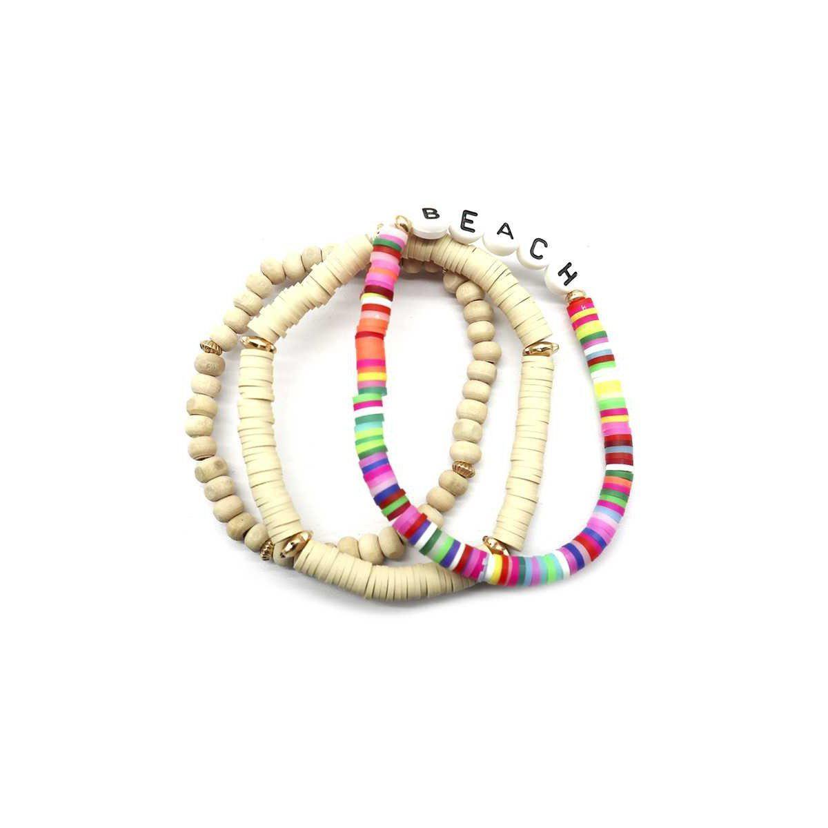 Fashion Wood Rubber Disc Bead Beach Letter Stretch Multi Bracelet-Accessories Bracelets-NXTLVLNYC