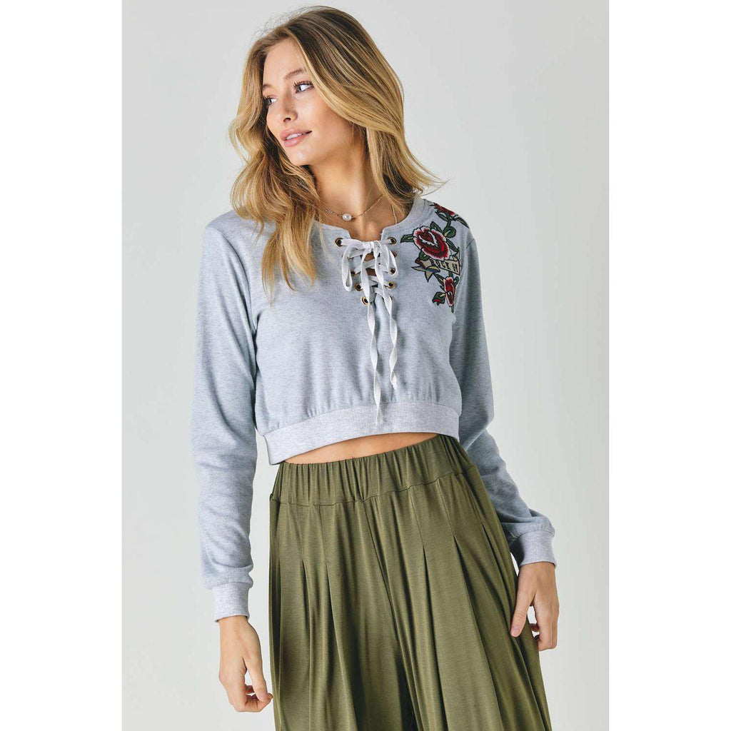 Floral Embroidered Cropped Sweatshirt-Clothing Tops-NXTLVLNYC