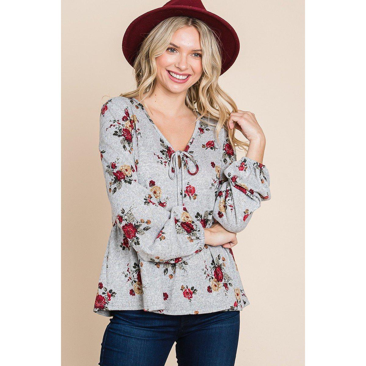 Floral Hacci Printed Babydoll Top With Elastic Cuff Sleeves-NXTLVLNYC