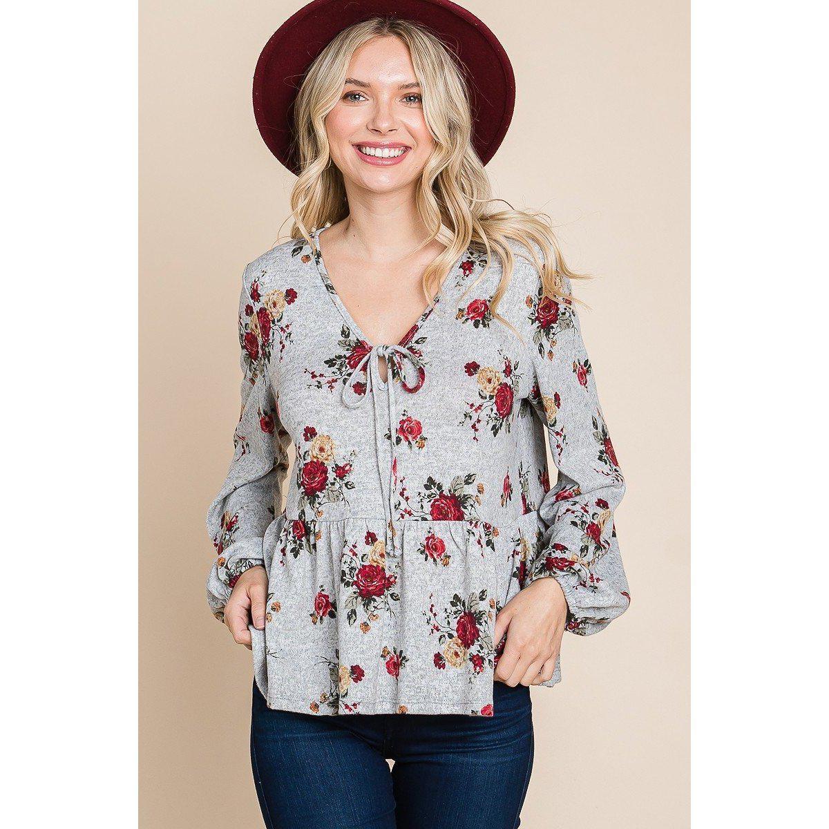 Floral Hacci Printed Babydoll Top With Elastic Cuff Sleeves-NXTLVLNYC