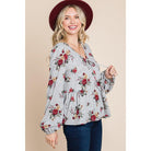 Floral Hacci Printed Babydoll Top With Elastic Cuff Sleeves-NXTLVLNYC