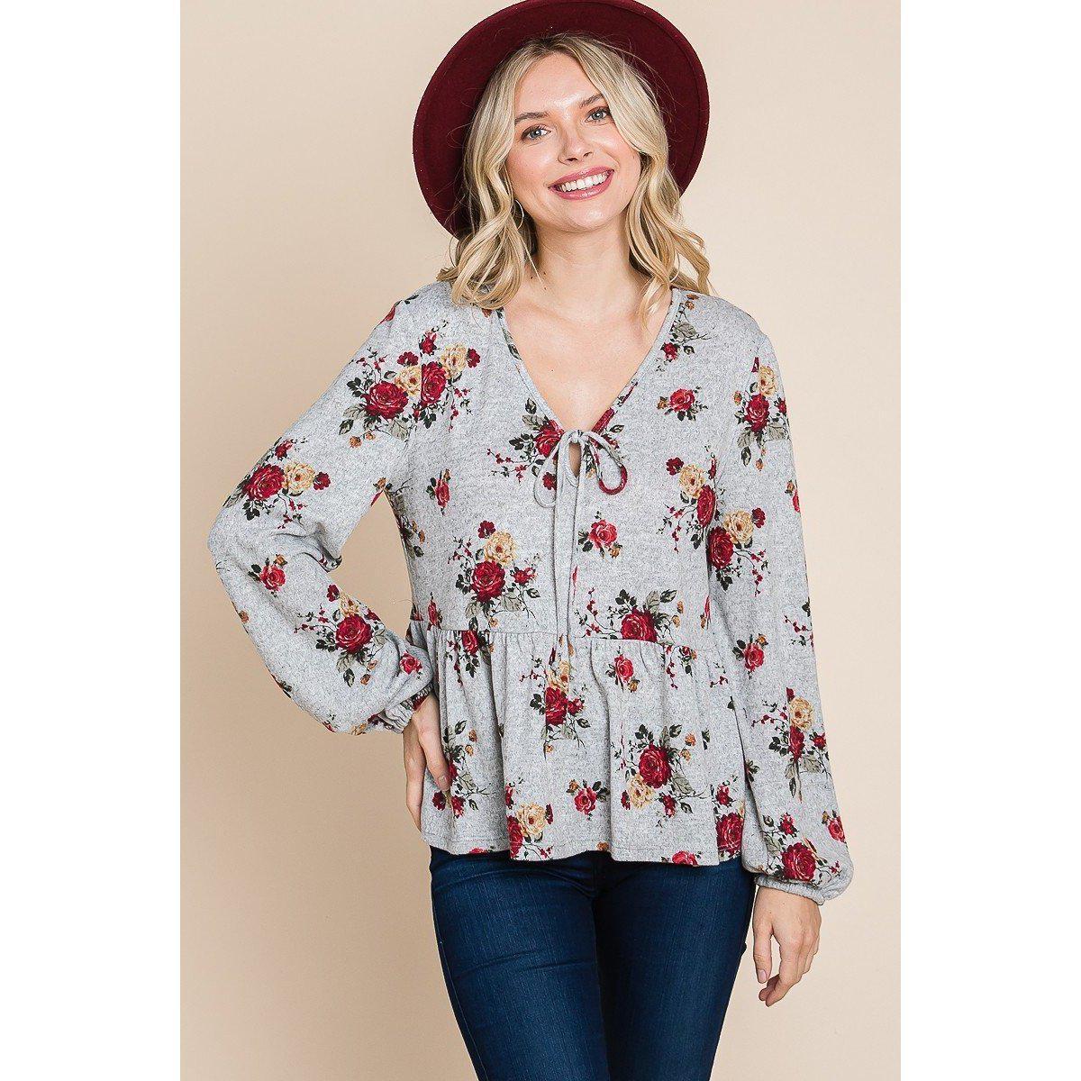 Floral Hacci Printed Babydoll Top With Elastic Cuff Sleeves-NXTLVLNYC