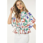 Floral Print Short Sleeve Top With Waist Tie-NXTLVLNYC