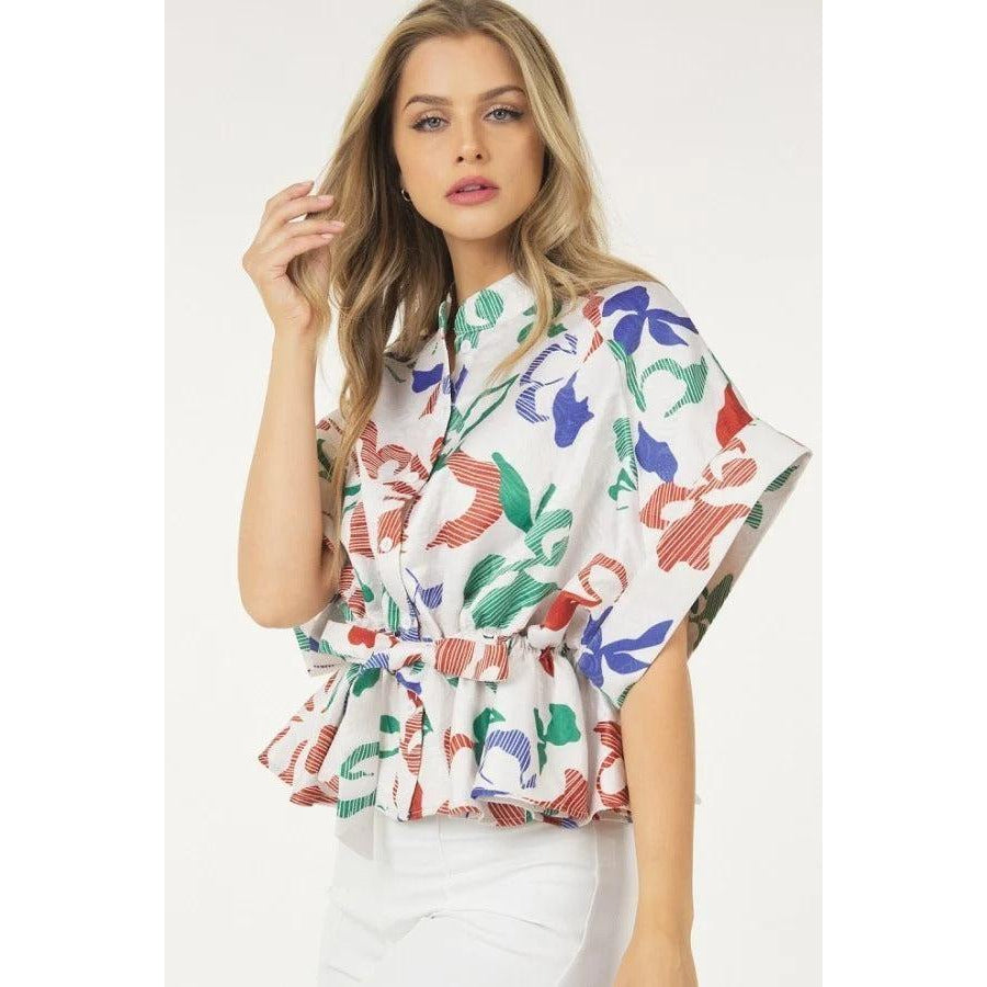 Floral Print Short Sleeve Top With Waist Tie-NXTLVLNYC