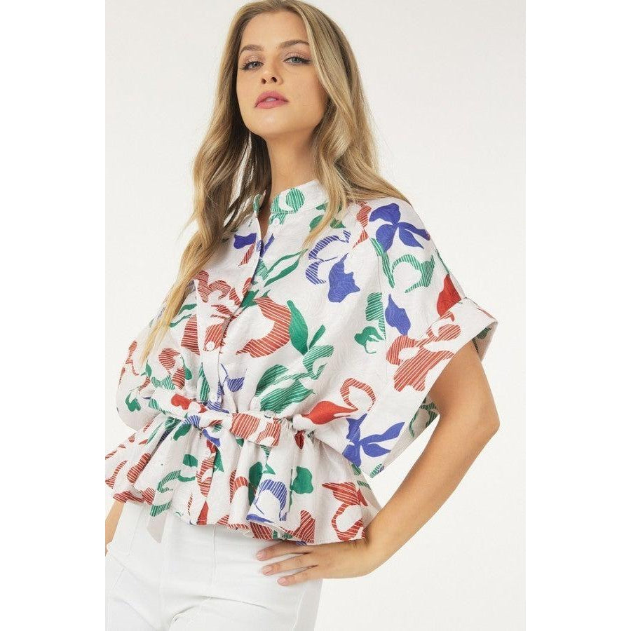 Floral Print Short Sleeve Top With Waist Tie-NXTLVLNYC